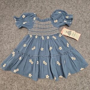 Rare Editions Dress Girls 2T F747535 Blue Floral Embroidered Smocked Tiered‎ NWT